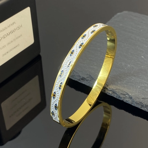 Bracciale Rigido Vintage in Acciaio al Titanio Smaltato con Motivo Geometrico Astratto Colorato e Malocchio per Donna
