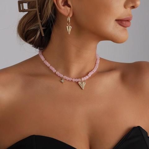 Pink ABS Beaded Heart Pendant Necklace Asymmetric Hoop Earrings For Women Alloy Star Rhinestone Jewelry Fashion Neck Decoration