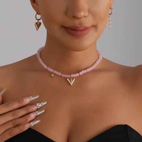 Pink ABS Beaded Heart Pendant Necklace Asymmetric Hoop Earrings For Women Alloy Star Rhinestone Jewelry Fashion Neck Decoration