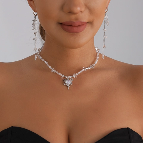 Vintage Alloy Hollow Heart Irregular Rhinestone Necklace Bracelet And Tassel Earrings European Fashion Jewelry For Women