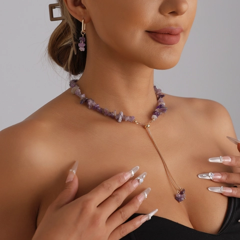 Boheemse Legering Onregelmatige Paarse Amethist Kralen Ketting En Oorbellen Sieradenset Verstelbare Y-Vormige Kwastje Ketting Voor Vrouwen Sieraden