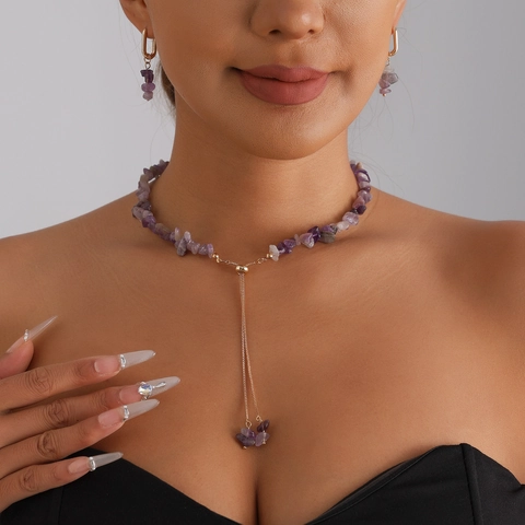 Boheemse Legering Onregelmatige Paarse Amethist Kralen Ketting En Oorbellen Sieradenset Verstelbare Y-Vormige Kwastje Ketting Voor Vrouwen Sieraden