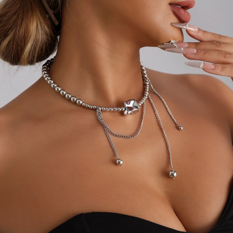 European Fashion Geometric Bead Necklace With Tassels Alloy Plastic Steel Color Metal Style Jewelry For Women