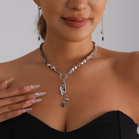 Legering Hematiet Kralen Hart Hanger Halsketting Blad Kapittelsluiting Oorbellen Armband Sieraden Voor Dames Zilverkleur