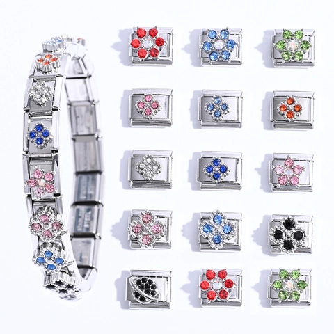 Stainless Steel Italian Charm Link DIY Modular Bracelet Accessory Rhinestone Flower Saturn Inlaid Jewelry For Women