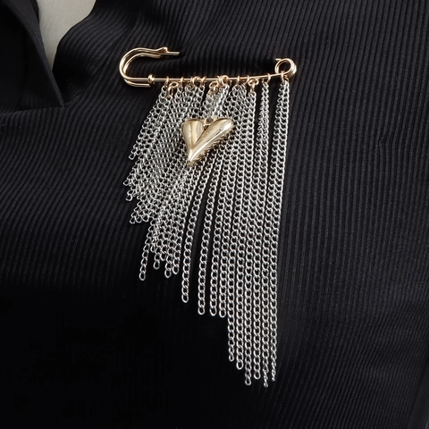 Vintage Alloy Tassel Heart Star Bird Safety Pin Brooch Fashion Gold Silver Plated Metal Chain Lapel Pin For Women Jewelry
