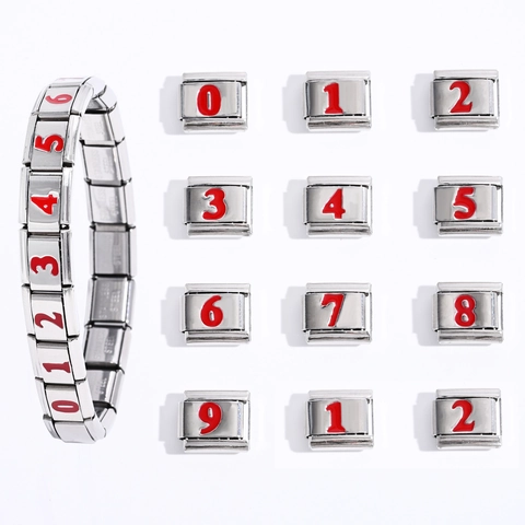 Italian Charm Link Red Arabic Numbers Stainless Steel Modular Bracelet Charm Component For DIY Jewelry Making