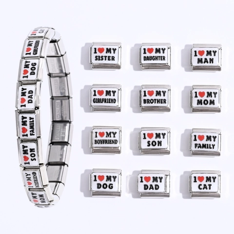 Stainless Steel Italian Charm Link I Love My Family Pet Modular Bracelet Charm Enamel Heart For DIY Jewelry Making Unisex
