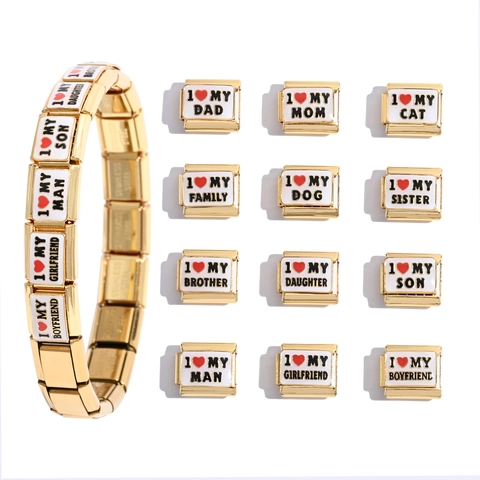 Verguld Roestvrij Staal Italiaanse Charm-link I Love My Mom Son Sister Brother Dad Dog Modulair Armband Sieraden Accessoire