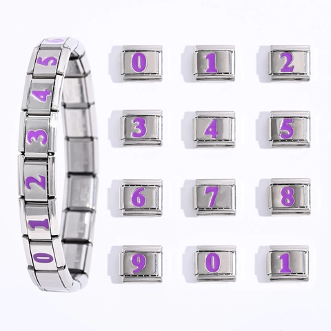 Roestvrij Staal Italiaanse Charm Link Paars Emaille Arabisch Cijfer DIY Modulaire Armband Sieraden Voor Dames Heren