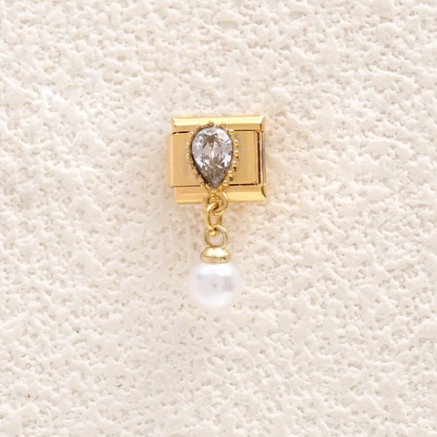 Gold Stainless Steel Italian Charm Modular Link With Pear Shaped Zirconia Artificial Pearl Dangle DIY Modular Bracelet Accessory For Women