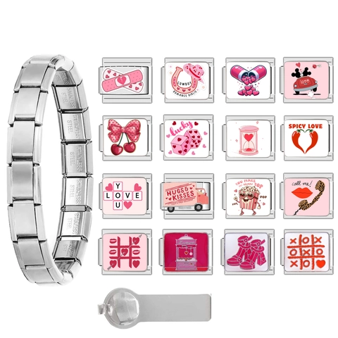 Stainless Steel Italian Charm Bracelet Modular Link Heart Pattern DIY Jewelry For Valentine Gift Women Unisex Bracelet