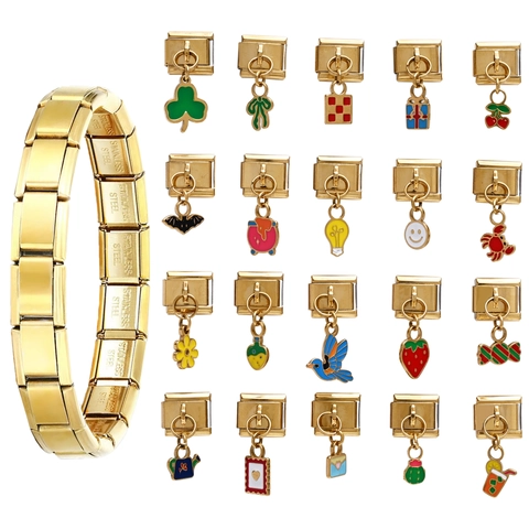 Gold Überzogene Edelstahl Italienische Charm Armband Glieder Emaille Tropföl Anhänger Für DIY Schmuckherstellung Modulares Zubehör