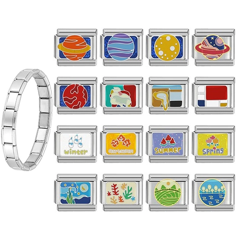 Gepolijst Roestvrij Staal Italiaanse Charm Link Armband Emaille Planeet Beroemde Schilderijen DIY Modulaire Sieraden
