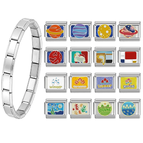 Roestvrijstalen Italiaanse Charm Schakel Voor DIY Modulaire Armband Planeet Ruimte Beroemde Schilderijen Patronen Emaille Sieraden Schakels