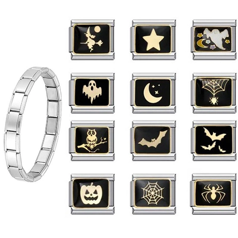 Roestvrij Staal Halloween Italiaanse Modulaire Charm Schakel Gotisch Emaille Pompoen Vleermuis Spin Armband Component Sieraden