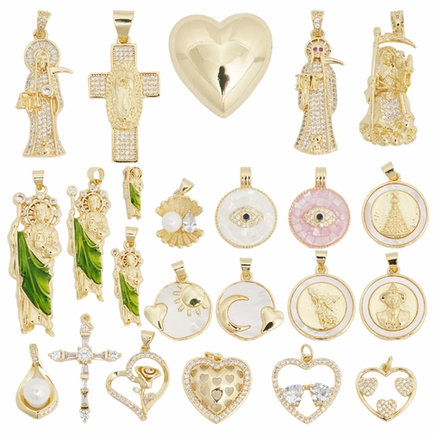 Ciondoli Pendenti in Rame Placcati Oro 18K Per Creazione Gioielli DIY Statua Religiosa Cuore Conchiglia Malocchio Zirconia