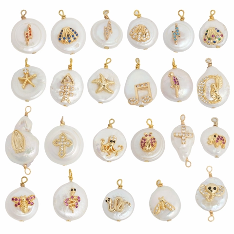 Baroque Natural Freshwater Pearl Pendant 18K Gold Plated Copper Charm Zirconia Inlaid DIY Jewelry Making Accessory For Women