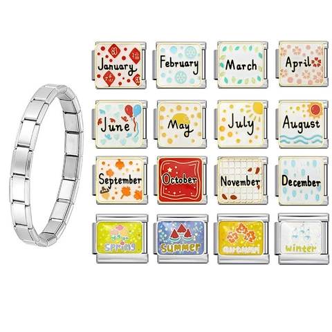 Maillon de Bracelet Italien en Acier Inoxydable DIY Mois Saison Émail Composant de Bracelet Modulaire Unisexe Bijoux