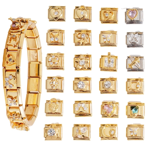 Eslabón de Pulsera con Dijes Italianos Modulares de Acero Inoxidable para Joyería de Bricolaje Dijes de Mariposa Corazón de Oro Plata Diamantes de Imitación