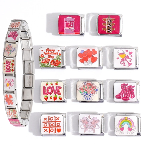 Roestvrijstalen Italiaanse Charm-Link Voor DIY Modulair Armband Hart Roos Regenboog Vlinder Emaille Charm Valentijn Cadeau Sieraden