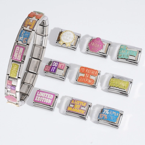 Stainless Steel Italian Modular Charm Bracelet Link DIY Slogan Enamel Letter Jewelry Accessory Personalized Gift For Unisex