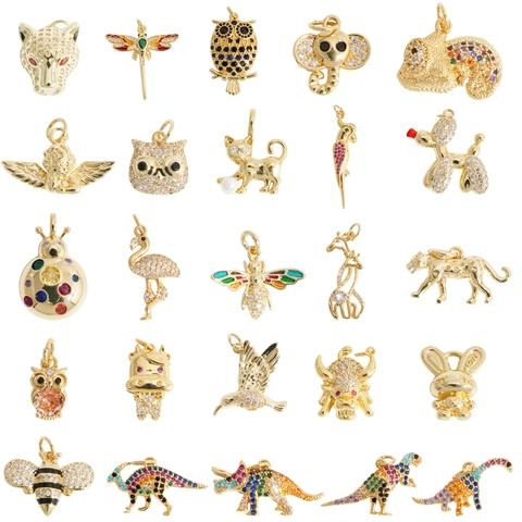 Kupfer Vergoldete Tier Anhänger Mit Zirkonia Bunte DIY Schmuck Zubehör Leopard Elefant Eule Dinosaurier Charms