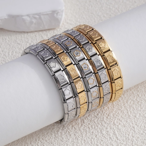 Bracelet à Maillons Modulaires Italien en Acier Inoxydable Fleur DIY Bracelet Élastique pour Femme Bijoux Or Argent