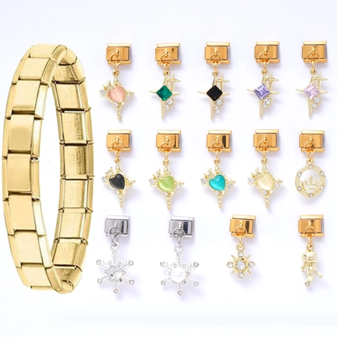 Edelstahl Modular Italienisch Charm Armband Glied DIY Herz Stern Strass Schmuckherstellung Anhänger Damen Schmuck