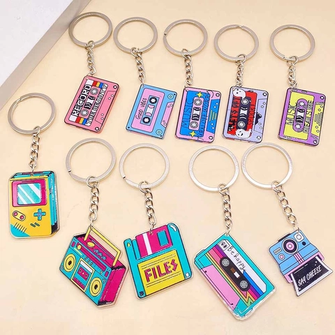 Vintage Music Theme Acrylic Keychain Retro Cassette Tape Vinyl Record Player Radio Camera Shape Bag Charm Fashion Jewelry Key Ring