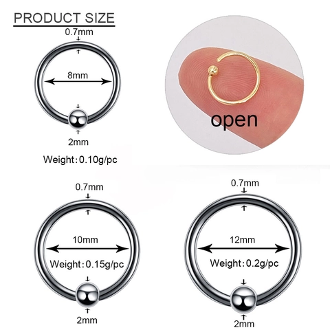 316L Stainless Steel BCR Captive Bead Ring Open Hoop Piercing Jewelry Round Bead Nose Ring Ear Cartilage Stud Punk Body Jewelry