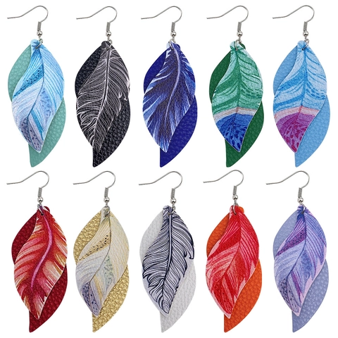 Boucles d'Oreilles Pendantes Bohème en Cuir à Double Couche Feuille Plume Imprimée Similicuir PU Bijoux de Mode Femme