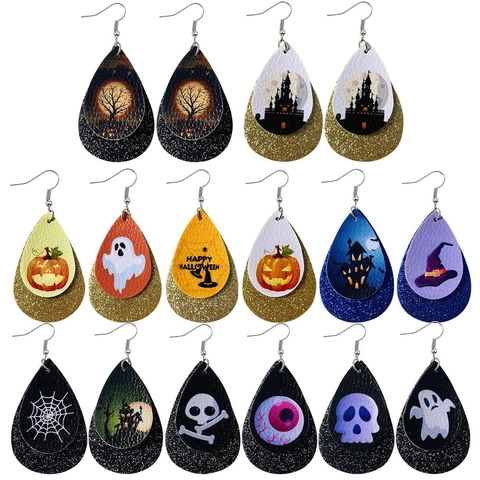Halloween Double Layer Artificial Leather Earrings Glitter Waterdrop Earring For Women Pumpkin Skull Ghost Party Jewelry