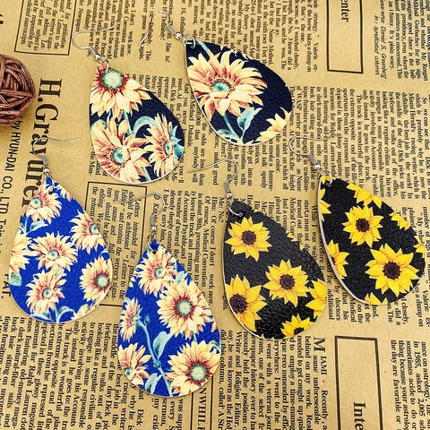 Sunflower Artificial Leather Drop Earrings For Women Fresh Daisy Printed Faux Leather Bohemian Handmade Earrings Jewelry