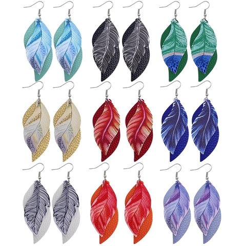 Boucles d'Oreilles Pendantes Bohème en Cuir à Double Couche Feuille Plume Imprimée Similicuir PU Bijoux de Mode Femme