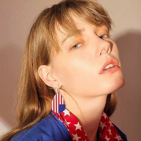 Boucles d'Oreilles Goutte en Similicuir Drapeau Américain Étoiles et Rayures Patriotiques Coeur Pendantes Jour de l'Indépendance Bijoux Femme