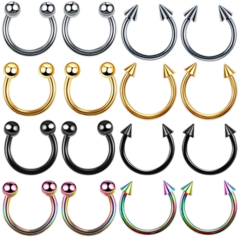 Stainless Steel Horseshoe Nose Ring Circular Barbell Septum Piercing Jewelry Ball Spike Ends Ring For Ear Cartilage Septum Lip Unisex