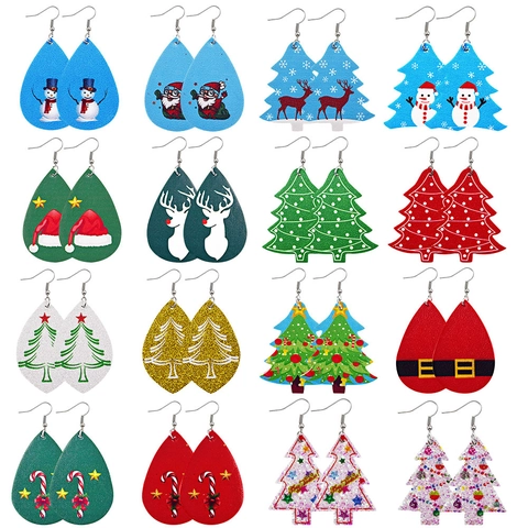 Orecchini in Pelle PU di Natale Albero Fiocco di Neve Renna Babbo Natale Fantasia Goccia Orecchini Pendenti Donna Gioielli
