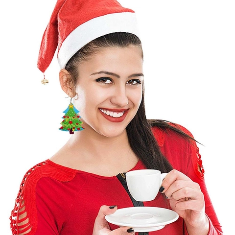 Orecchini in Pelle PU di Natale Albero Fiocco di Neve Renna Babbo Natale Fantasia Goccia Orecchini Pendenti Donna Gioielli