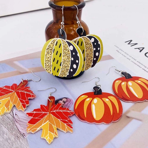 Faux Leather Thanksgiving Halloween Drop Earrings Pumpkin Turkey Maple Leaf Print Fashion Festival Party Jewelry For Women