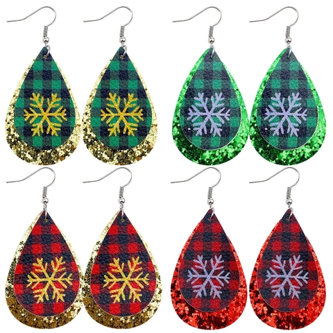 Boucles d'Oreilles Pendantes en Cuir PU de Noël Double Couche Plaid Snowflake Paillettes Brillantes pour Femme Fête
