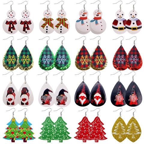 Weihnachten PU Leder Tropfen Ohrringe Festliche Schneemann Gnom Weihnachtsbaum Muster Karo Hängeohrringe Für Damen Schmuck