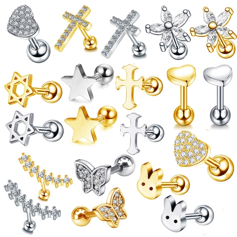 Boucles d'Oreilles de Piercing Helix en Acier Inoxydable pour Femmes Étoile Cœur Croix Strass Incrustés Bijoux Or Argent