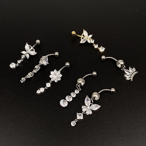 Stainless Steel Zirconia Belly Button Ring Butterfly Heart Tree Of Life Crown Dangle Piercing Jewelry For Women Fashion
