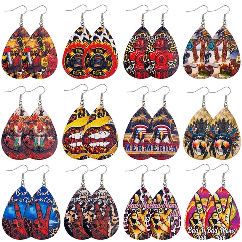 Boucles d'Oreilles Goutte en Cuir Vintage pour Femmes Drapeau USA Imprimé Léopard Route 66 Pompiers Bijoux Fête des Mères