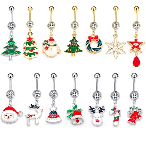 Roestvrij Staal Kerst Navelpiercing Chirurgisch Staal Lichaamssieraden Kerstman Sneeuwpop Rendier Boom Hanger Strass