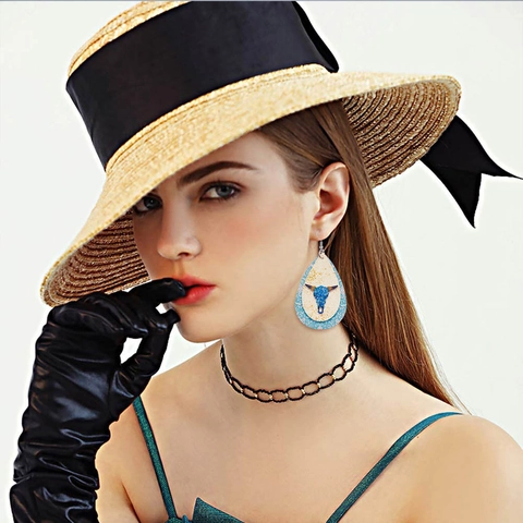 Boucles d'Oreilles Goutte en Similicuir Bohémien pour Femmes Vintage Imprimé Léopard Tête de Taureau Style Ethnique Bijoux