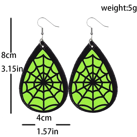 Halloween Faux Leather Drop Earrings Fluorescent Green Witch Bat Ghost Skeleton Spider Web Pattern Women Festive Jewelry