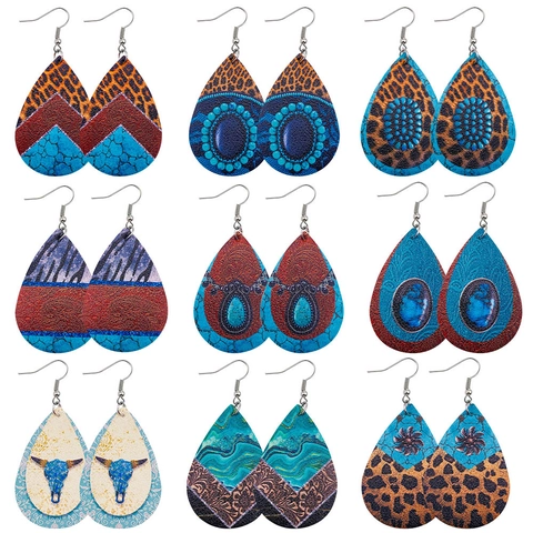 Boucles d'Oreilles Goutte en Similicuir Bohémien pour Femmes Vintage Imprimé Léopard Tête de Taureau Style Ethnique Bijoux