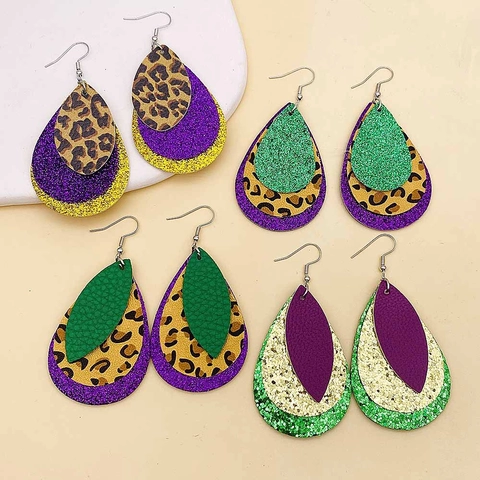 Mardi Gras Faux Leather Earrings For Women Bohemian Layered Glitter Teardrop Leaf Dangle Earrings Festive Party Jewelry